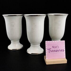 Vintage Seizan China CAROLYN 7906 Japan Embossed Rose White Goblet Glasses Set 3